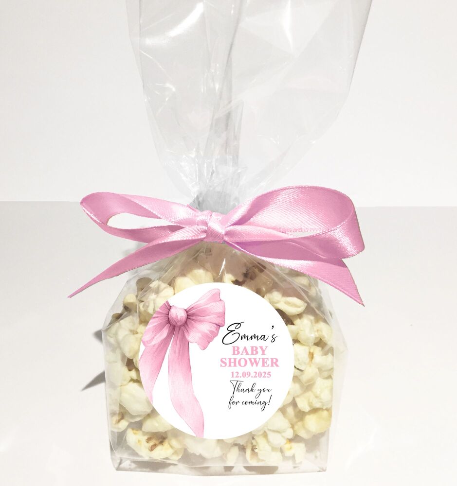 Baby Shower Popcorn Favours Bags Kits DIY Personalised Pink Bow x1