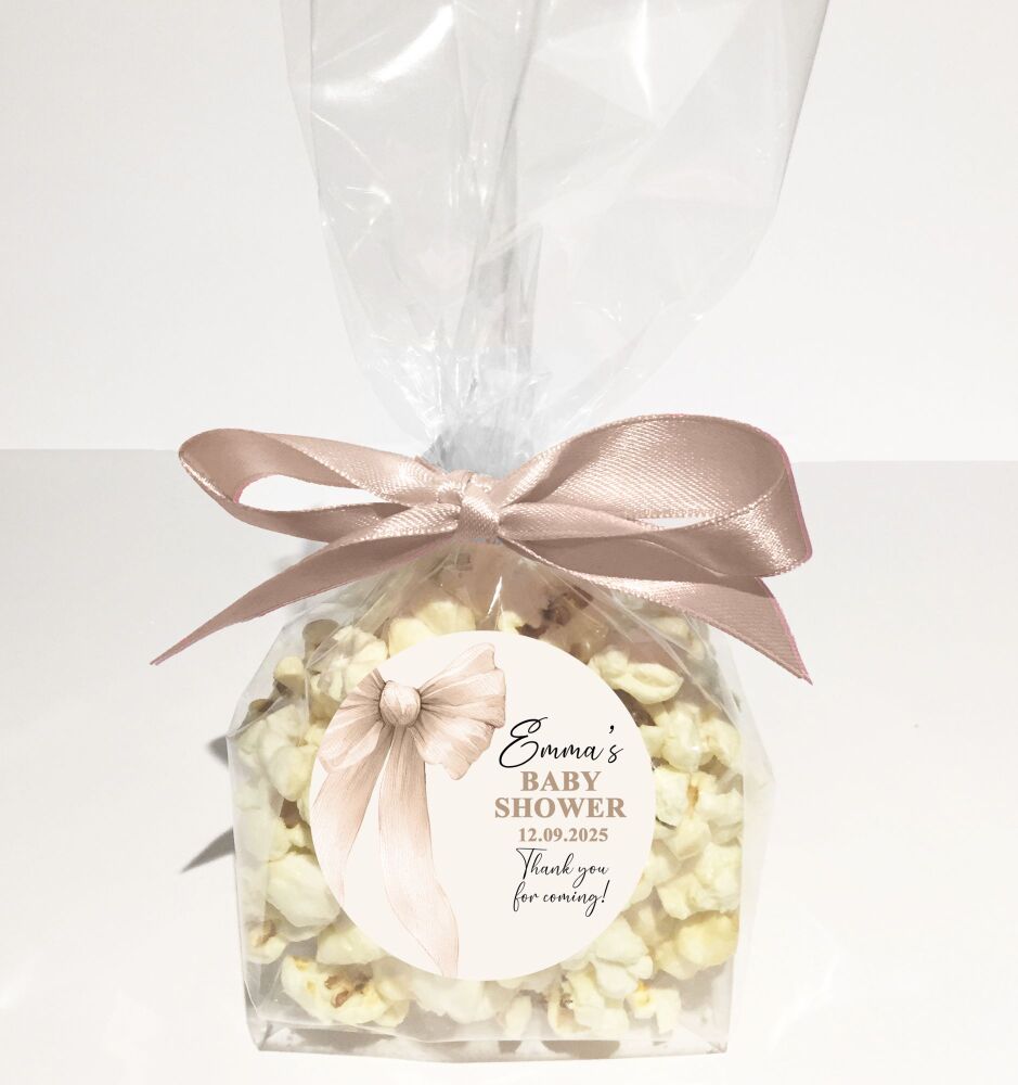 Baby Shower Popcorn Favours Bags Kits DIY Personalised Beige Bow x1