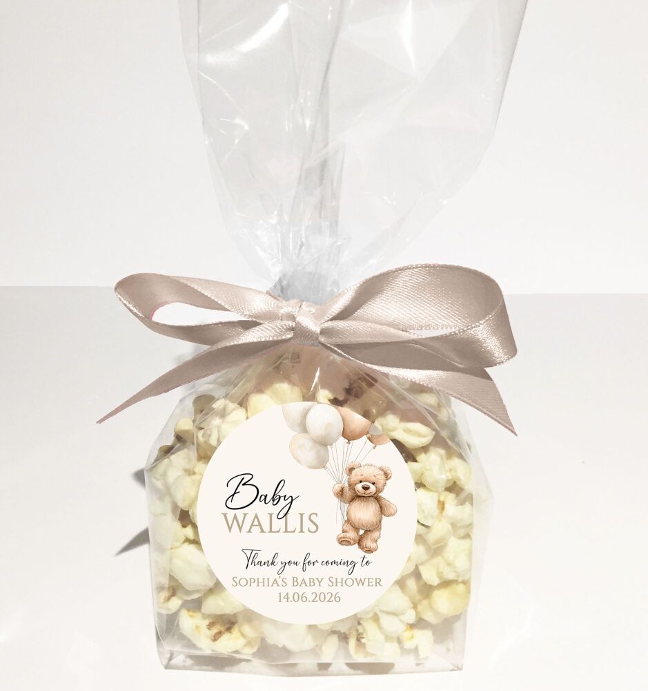 Baby Shower Popcorn Favours Bags Kits DIY Beige Bear Balloons x1