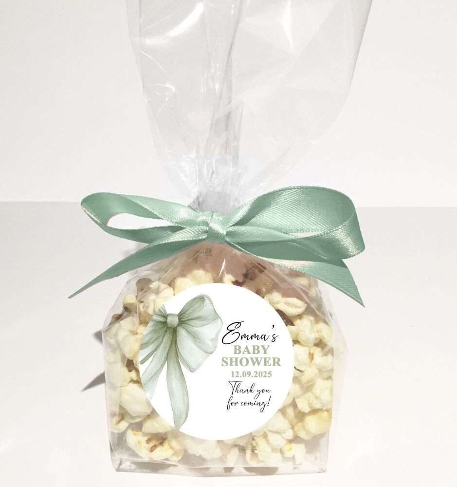 Baby Shower Popcorn Favours Bags Kits DIY Personalised Sage Bow x1