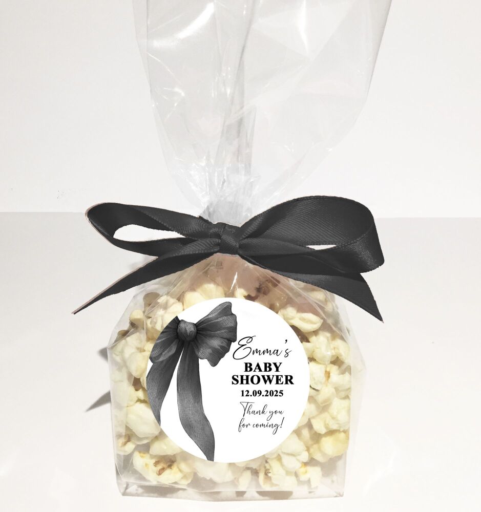 Baby Shower Popcorn Favours Bags Kits DIY Personalised Black Bow x1