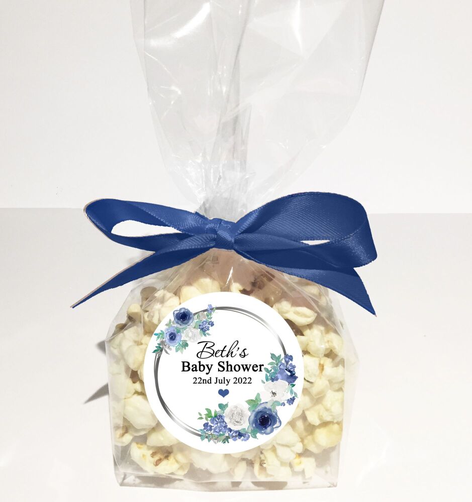 Baby Shower Popcorn Favours Bags Kits DIY Personalised Navy Blue Flowers x1
