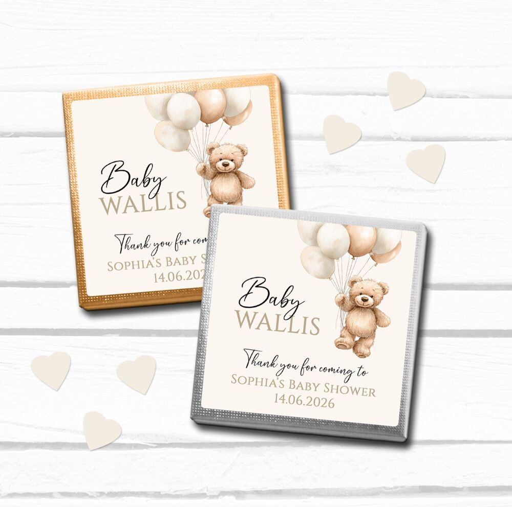 Baby Shower Party Chocolates Mini Squares | Beige Bear Balloons x10
