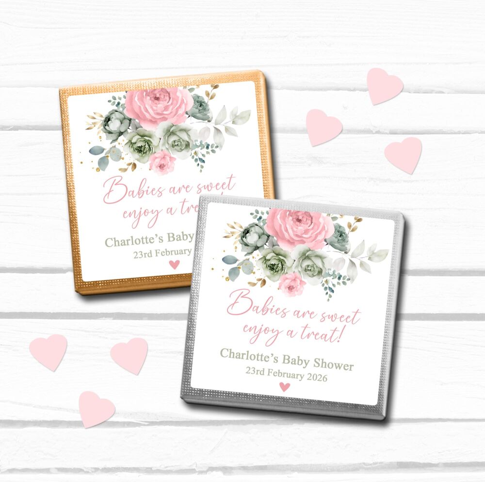 Baby Shower Party Chocolates Mini Squares | Babies are Sweet Pink Flowers x10