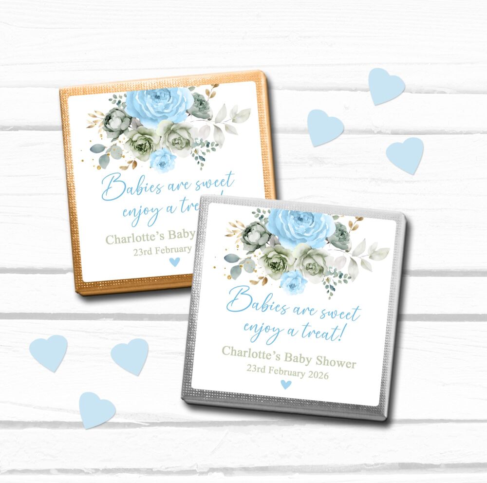 Baby Shower Party Chocolates Mini Squares | Babies are Sweet Blue Flowers x10