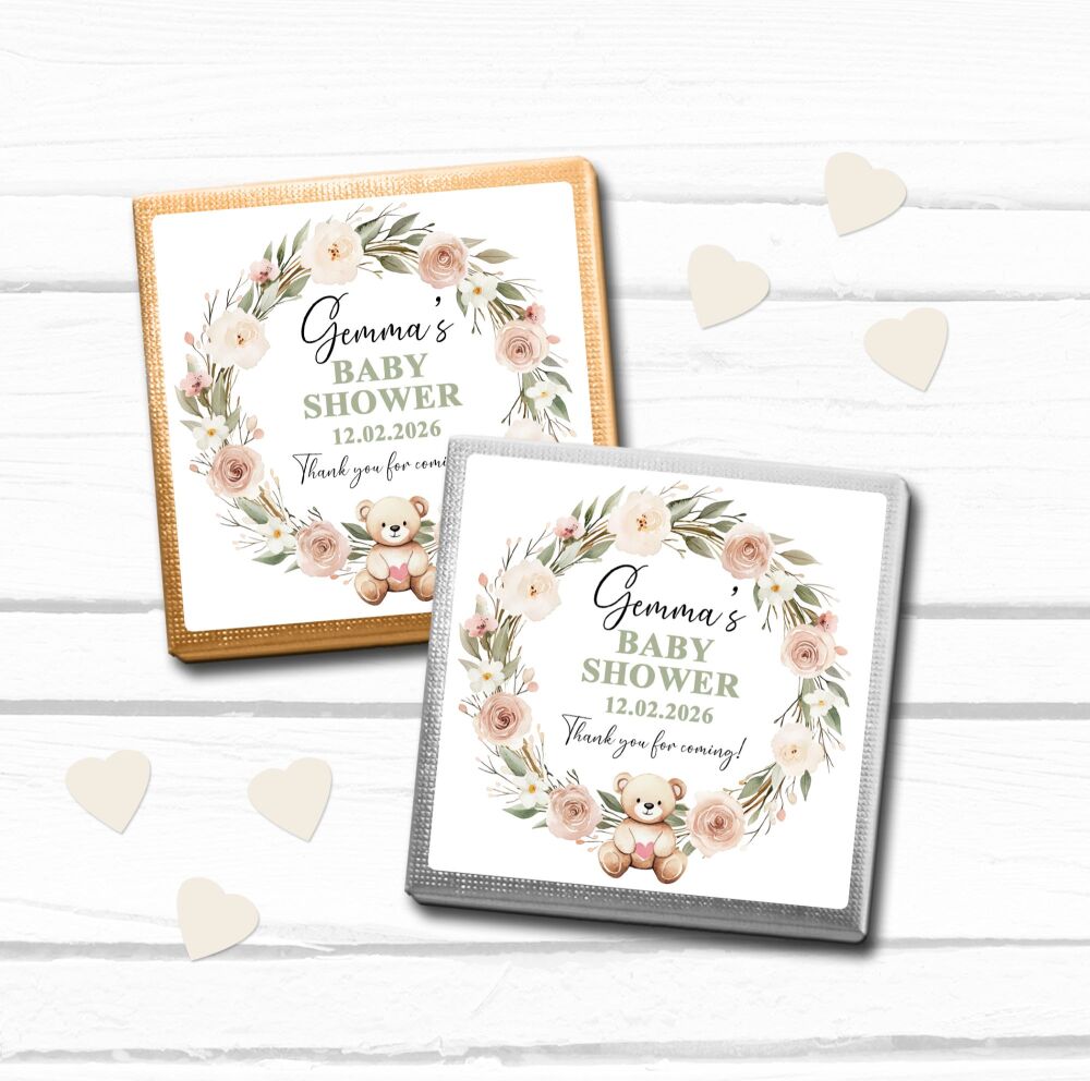 Baby Shower Party Chocolates Mini Squares | Boho Bear Wreath x10