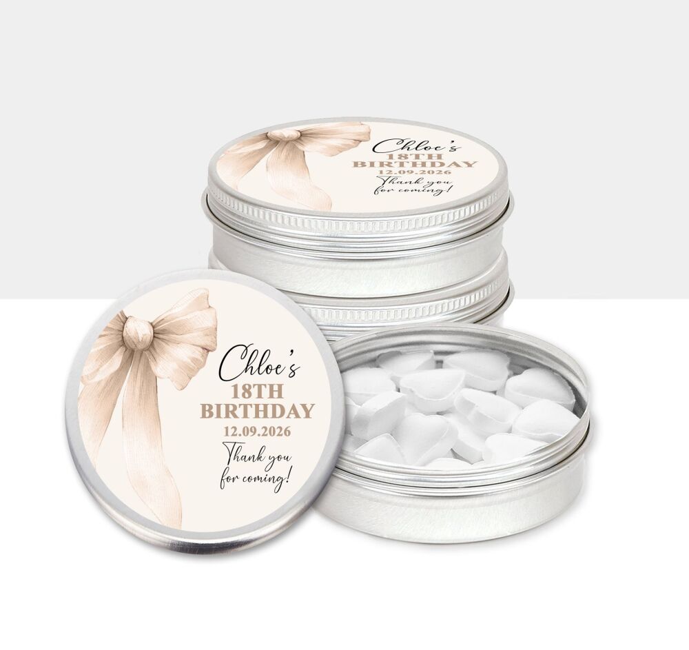 Birthday Party Favours Mint Tins Beige Bow x1