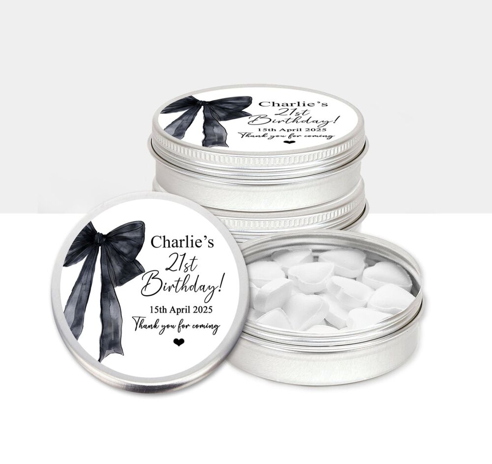 Birthday Party Favours Mint Tins Black Bow x1