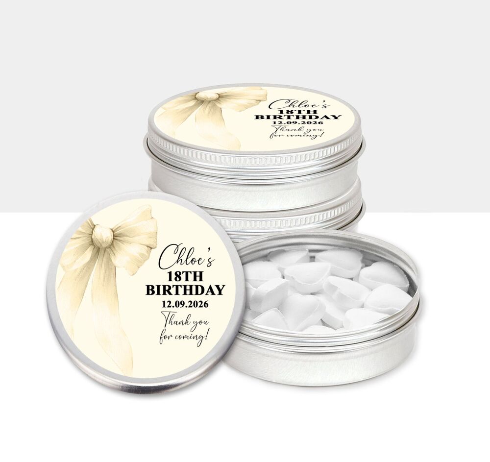 Birthday Party Favours Mint Tins Cream Bow x1