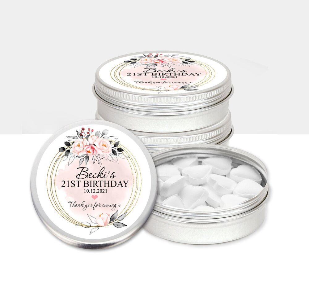 Birthday Party Favours Mint Tins Blush Pink Grey Flowers x1