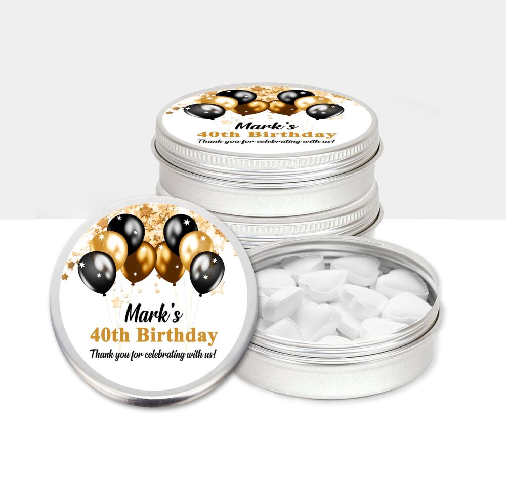 Birthday Party Favours Mint Tins Black and Gold Balloons x1