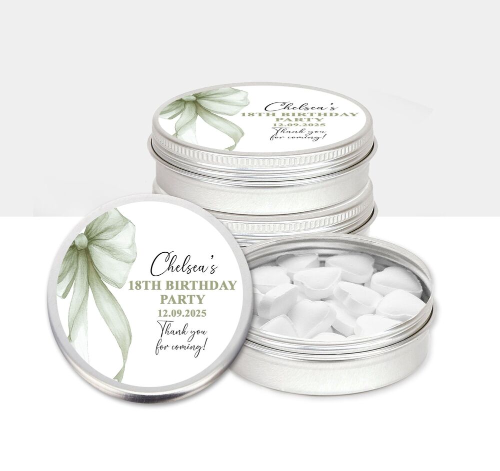 Birthday Party Favours Sage Green Bow Mints Sweets Tins