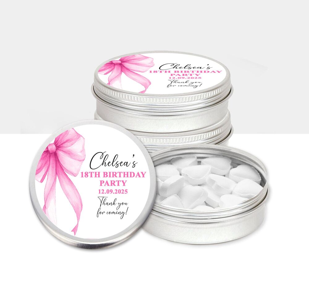 Birthday Party Favours Hot Pink Bow Mints Sweets Tins