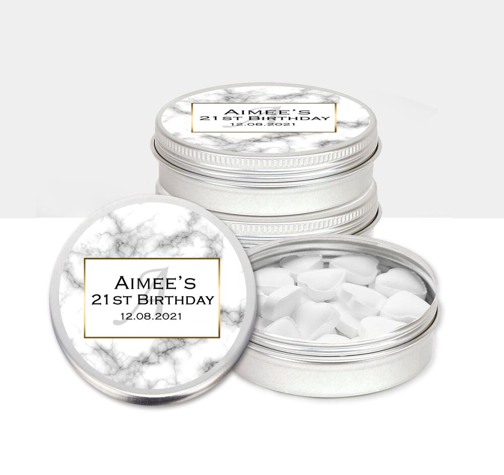 Birthday Party Favours Marble Print Mints Sweets Tins