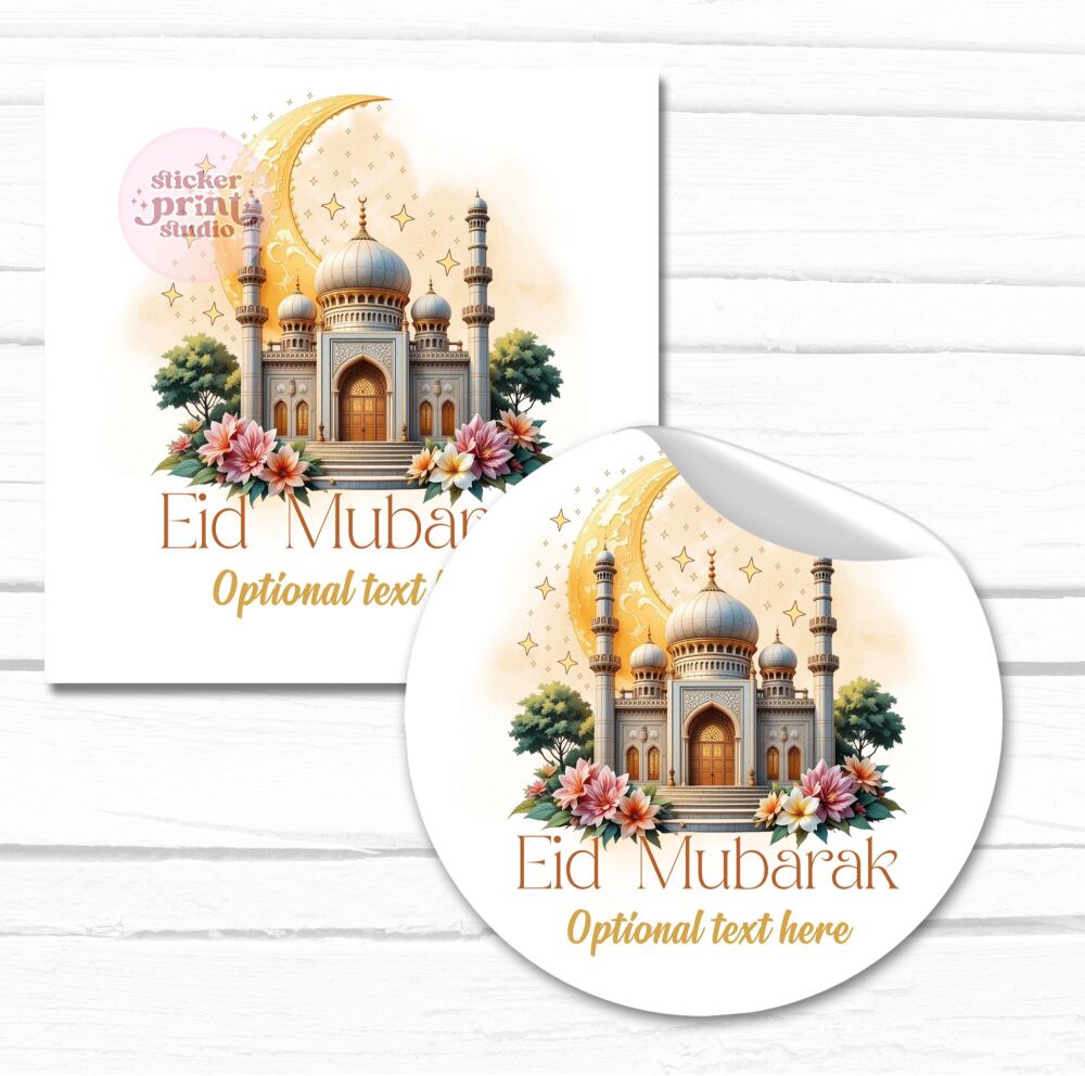 Eid Stickers | Personalised Eid Mubarak Stickers Floral Mosque Moon A4 Sheet x1