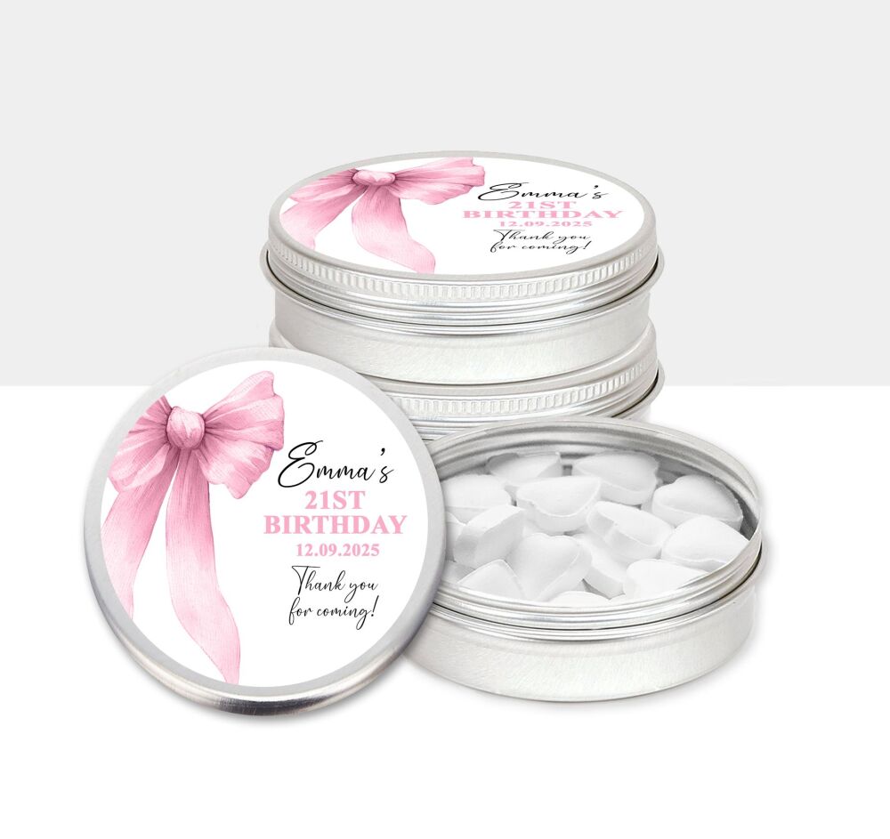 Pink Bow Birthday Party Favours Mint Tins x1