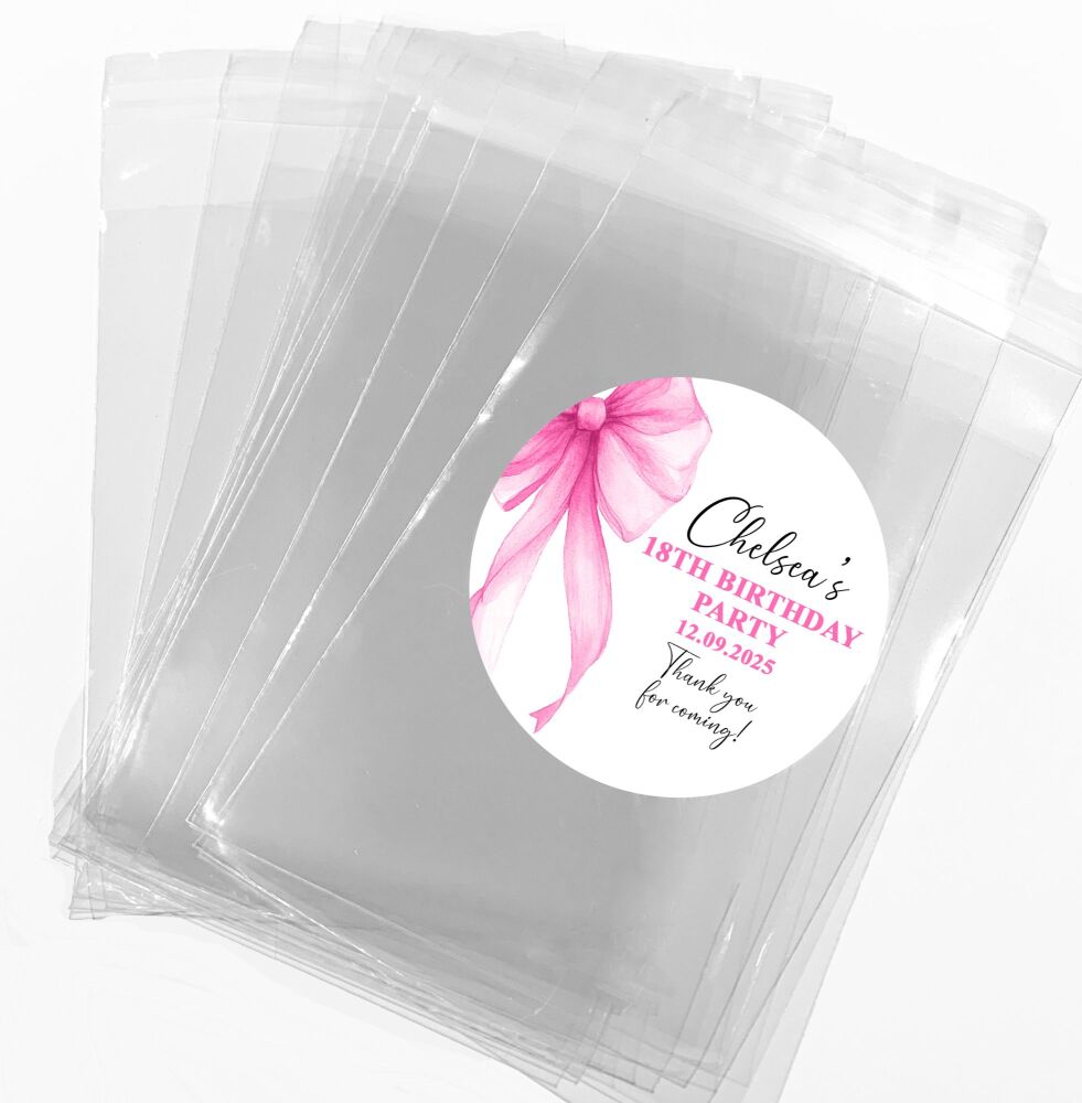 Hot Pink Bow Birthday Sweets Cookie Bags and Stickers Kits x1
