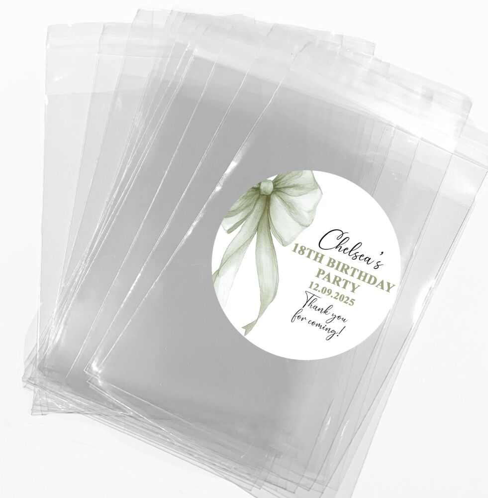 Sage Green Bow Birthday Sweets Cookie Bags and Stickers Kits x1