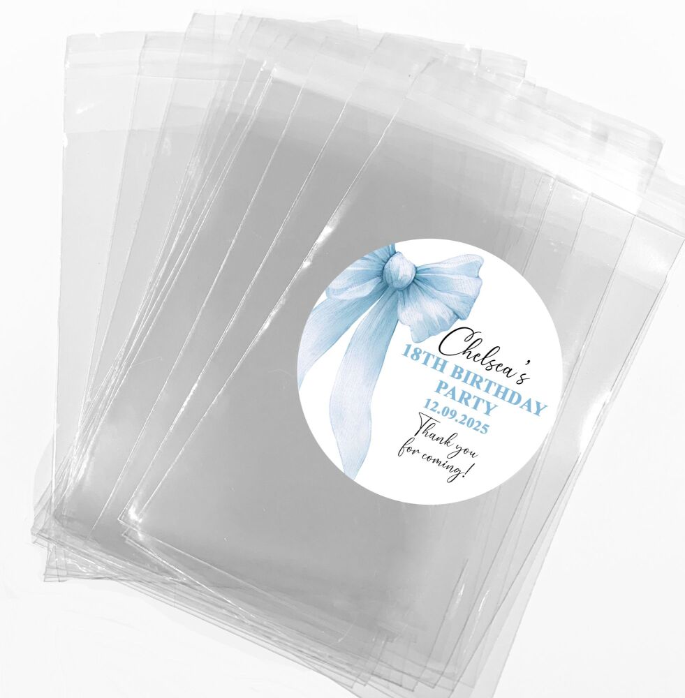 Light Blue Bow Birthday Sweets Cookie Bags and Stickers Kits x1