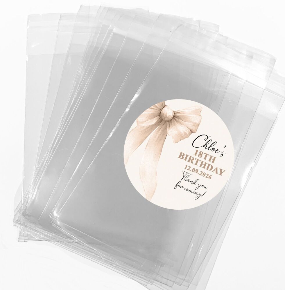 Beige Bow Birthday Sweets Cookie Bags and Stickers Kits x1
