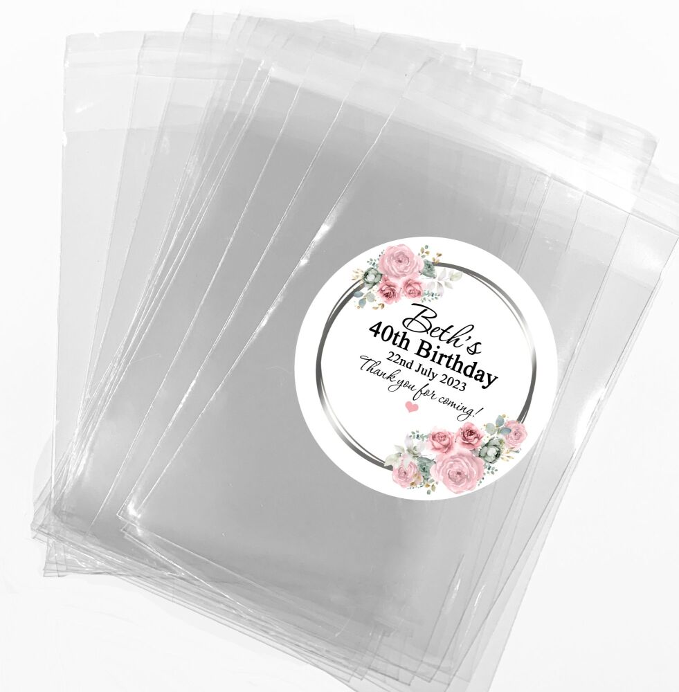 Pink Sage Flowers Birthday Favours Sweets Bags and Stickers Kits x1