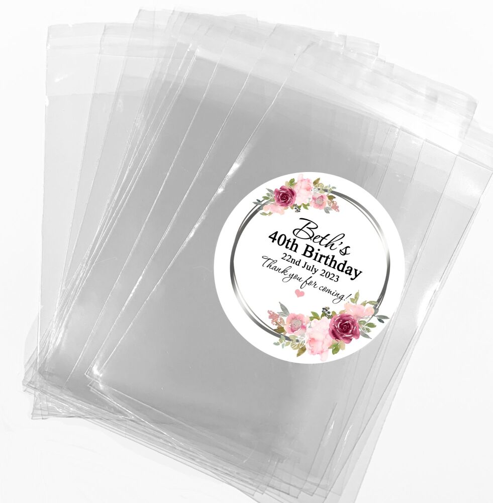 Pink and Burgundy Flowers Birthday Favours Sweets Bags and Stickers Kits x1