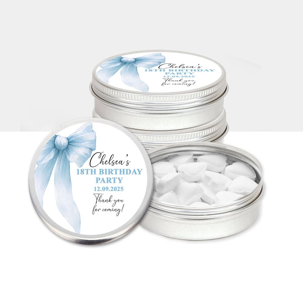 Light Blue Bow Birthday Party Favours Mint Tins x1