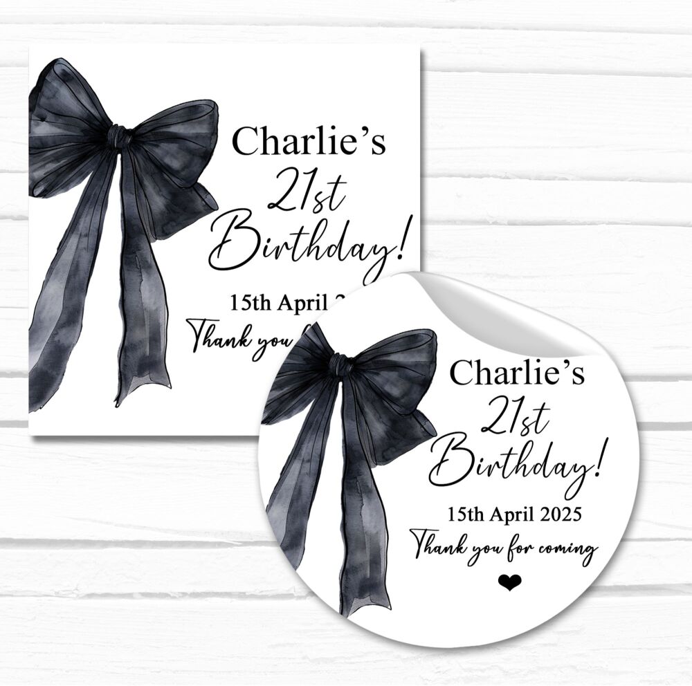Custom Birthday Stickers Black Bow - A4 Sheet x1