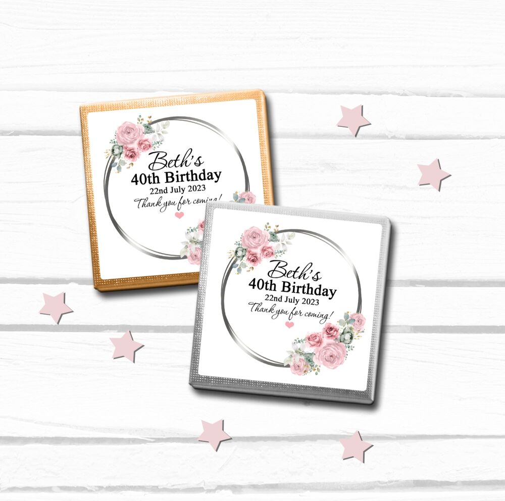 Pink and Sage Flowers Birthday Party Chocolates Favours x10