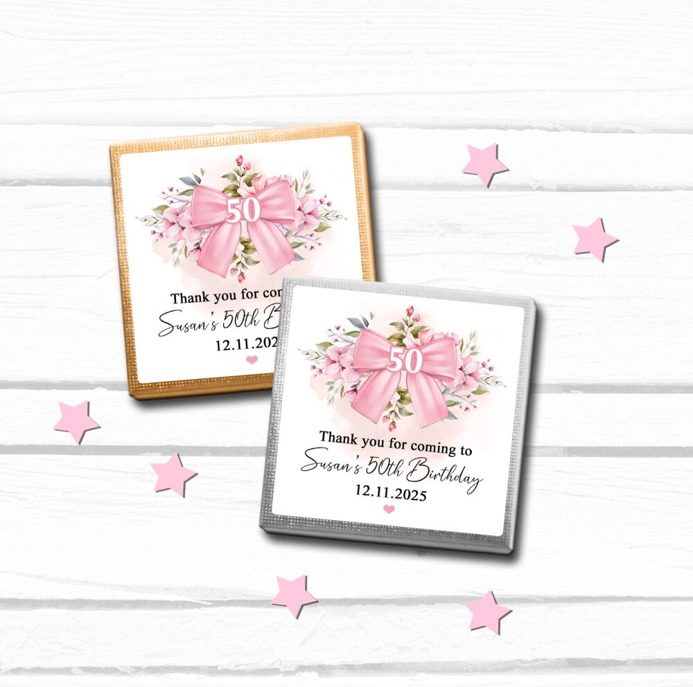 Pink Bow Flowers Birthday Party Chocolates Favours x10
