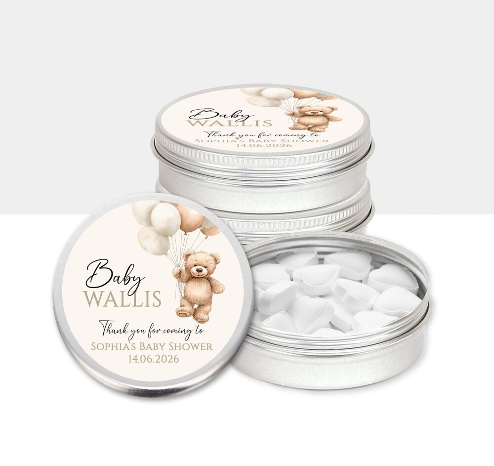 Beige Teddy Bear Balloons Baby Shower Party Favours Mint Tins x1
