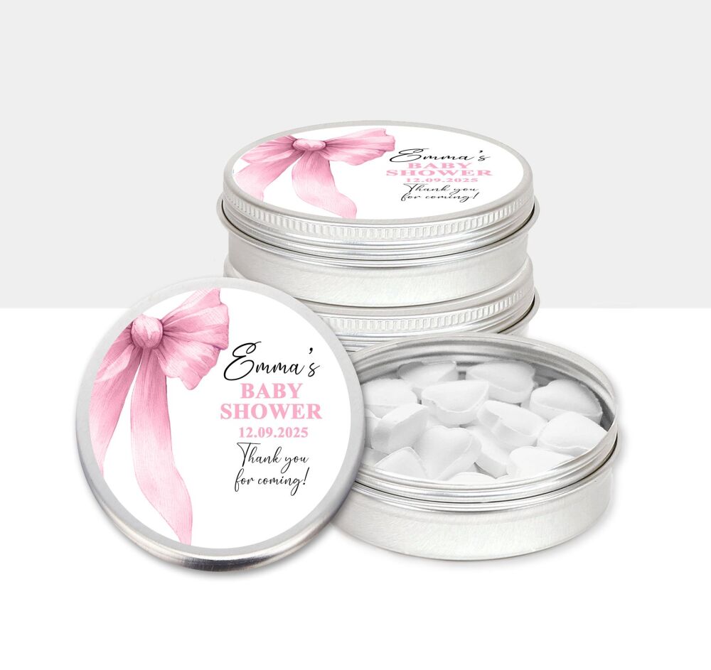Pink Bow Baby Shower Party Favours Mint Tins x1