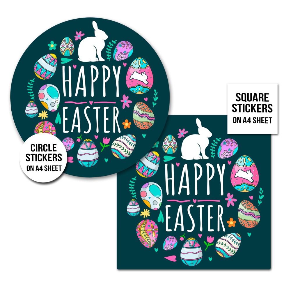 Happy Easter Stickers White Bunny Painted Eggs A4 Sheet x1
