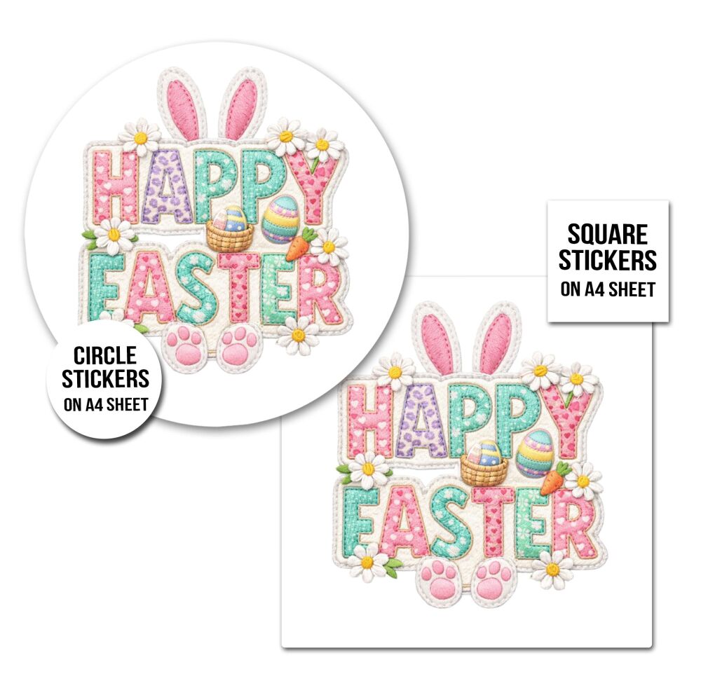 Happy Easter Stickers Knitted Bunny Ears Feet A4 Sheet x1