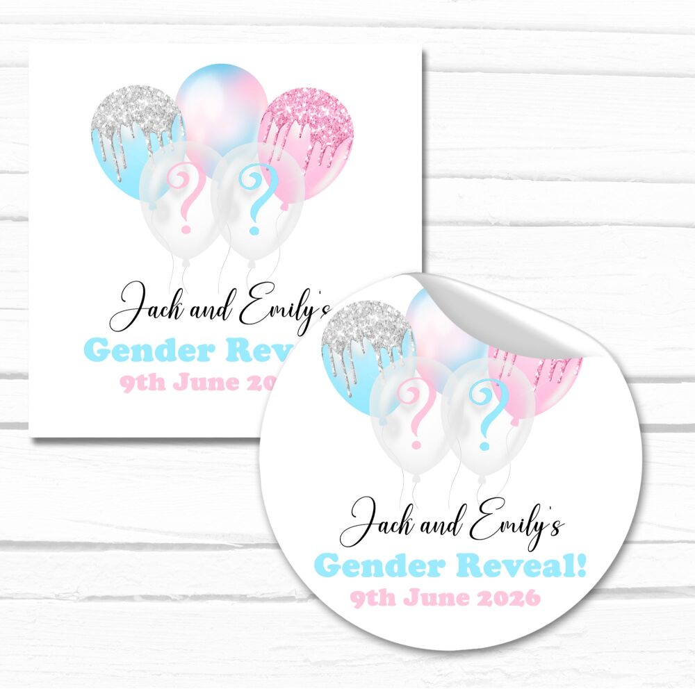 Personalised Stickers Gender Reveal Pink Blue Balloons A4 Sheet x1