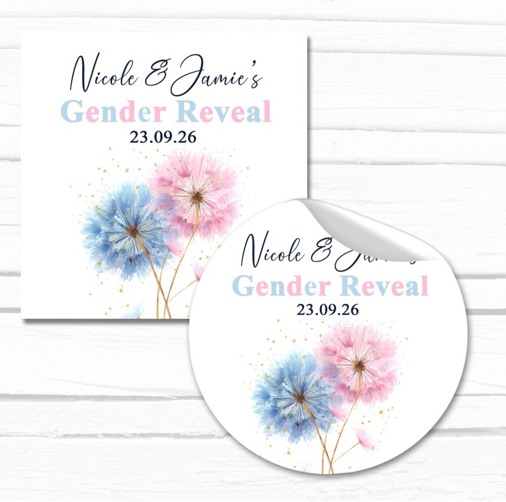 Personalised Stickers Gender Reveal Pink Blue Flowers A4 Sheet x1