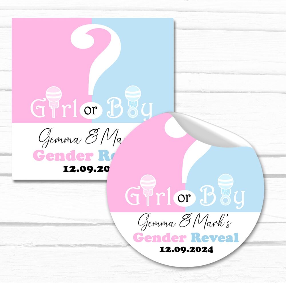 Personalised Stickers Gender Reveal Pink Blue Boy or Girl A4 Sheet x1