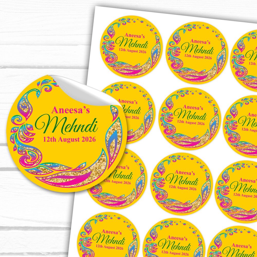 Colourful Peacock Frame Personalised Mehndi Stickers A4 Sheet x1