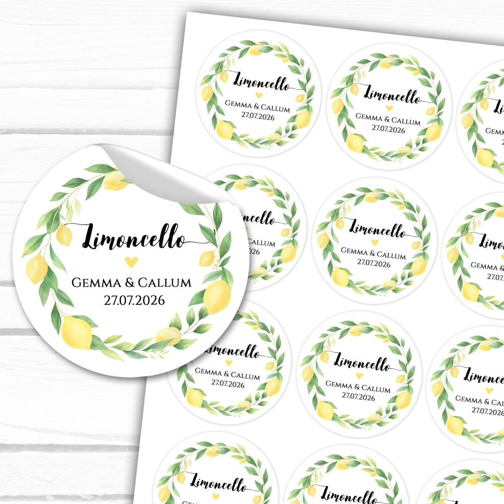 Limoncello Wedding Stickers Personalised Lemons Wreath A4 Sheet x1