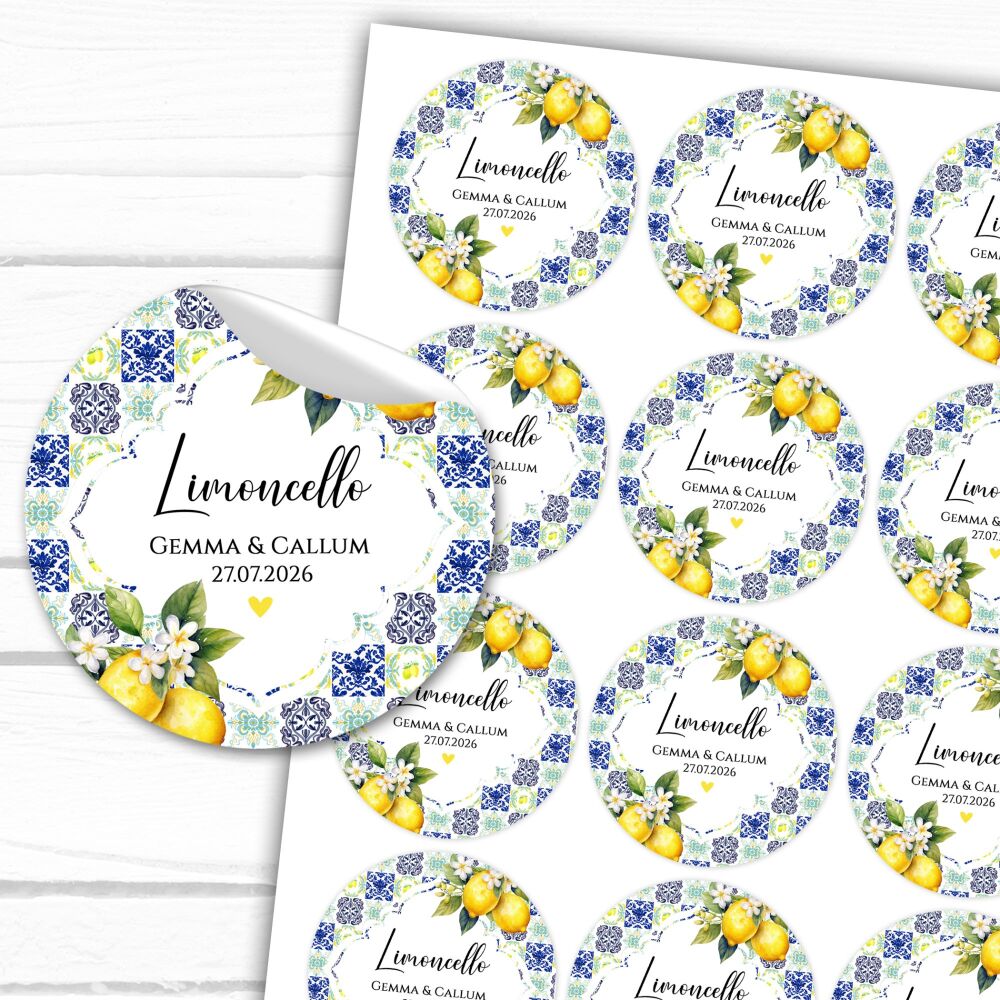 Limoncello Wedding Stickers Personalised Amalfi Coast Lemons A4 Sheet x1