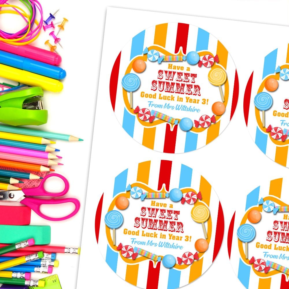 End Of School Personalised Gift Stickers Sweets Theme A4 Sheet x1