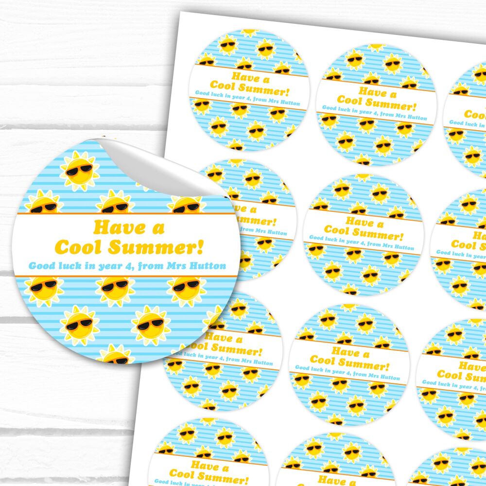 End Of School Personalised Gift Stickers Cool Summer Sun A4 Sheet x1