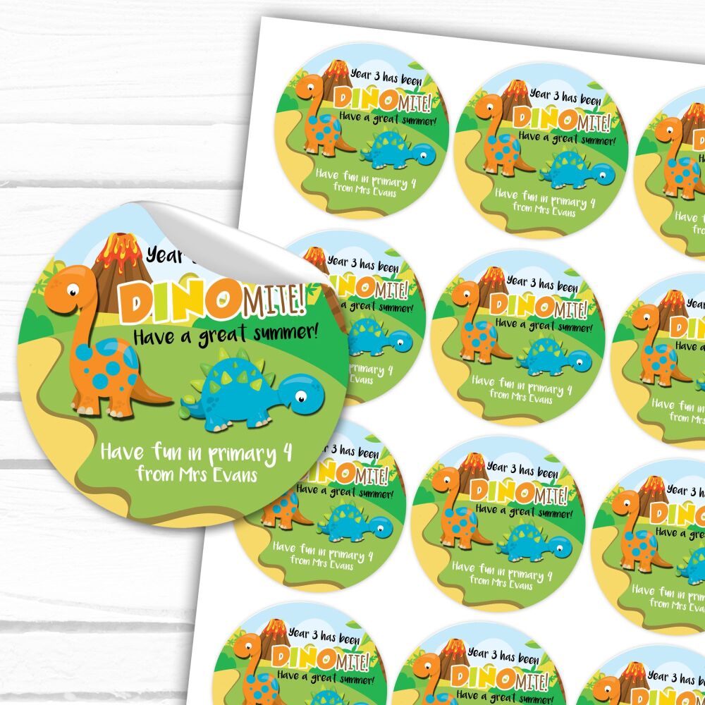 End Of School Personalised Gift Stickers Dino-mite DInosaurs A4 Sheet x1