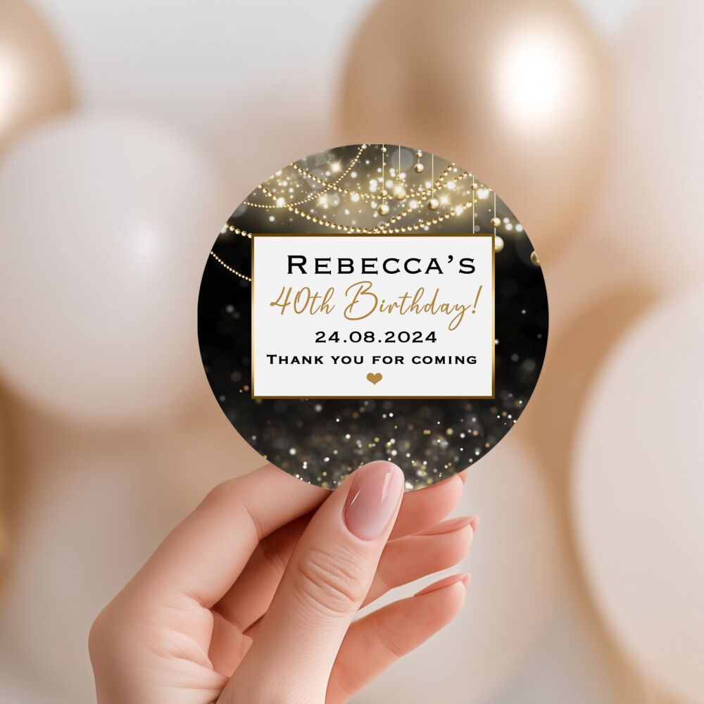 Custom Birthday Stickers Black And Gold Garland Lights - A4 Sheet x1