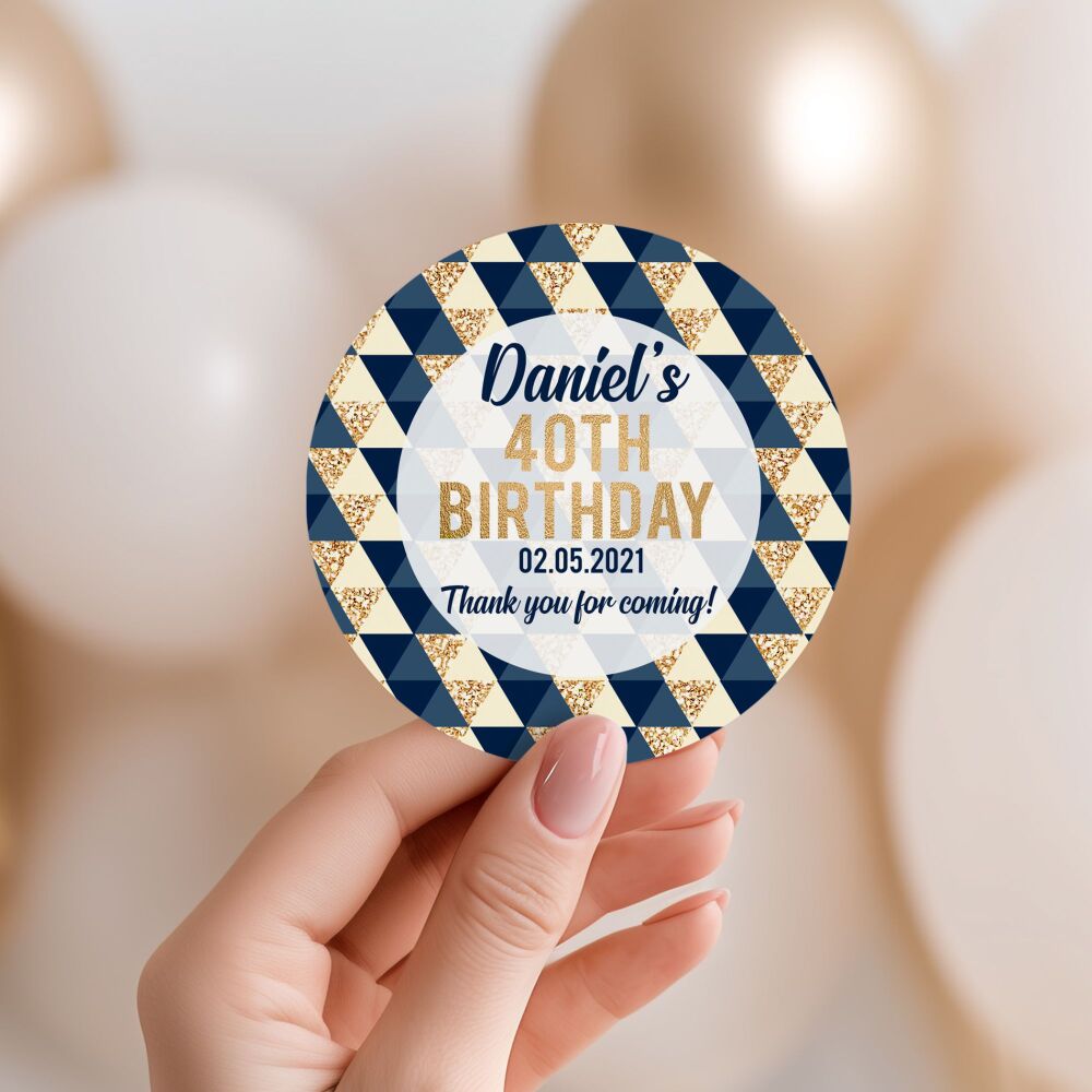 Personalised Stickers Adult Birthday Gold And Navy Geometric Triangles