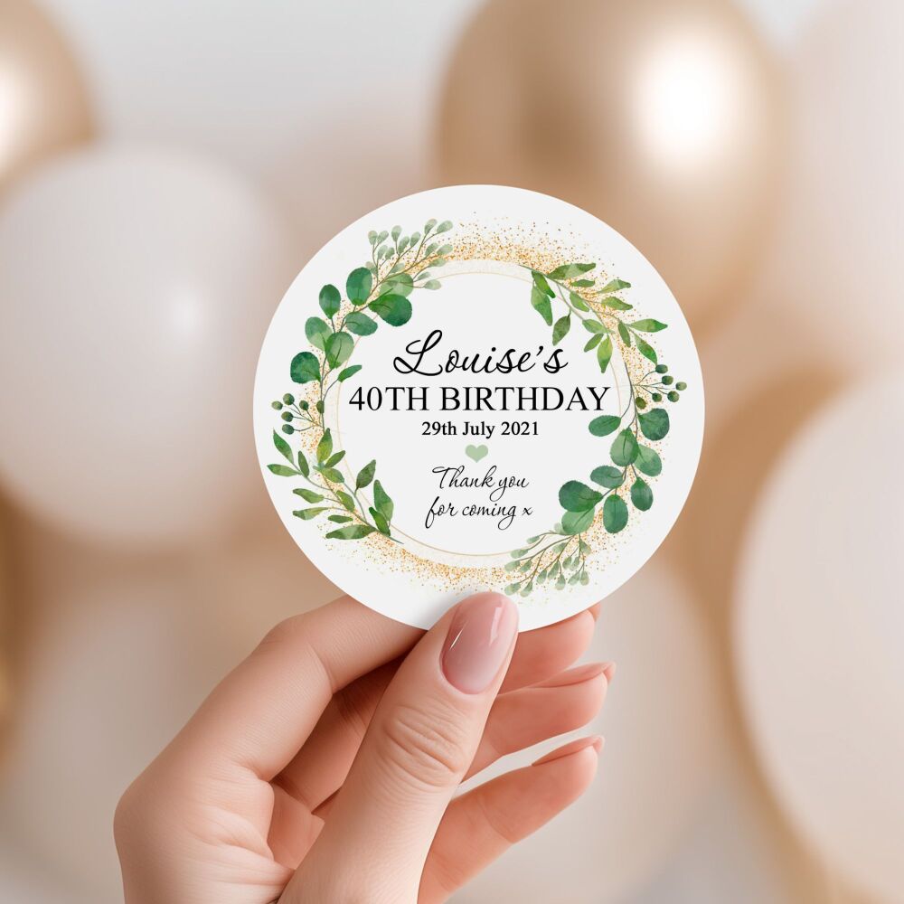 Personalised Stickers Adult Birthday Green Botanicals Gold Dust