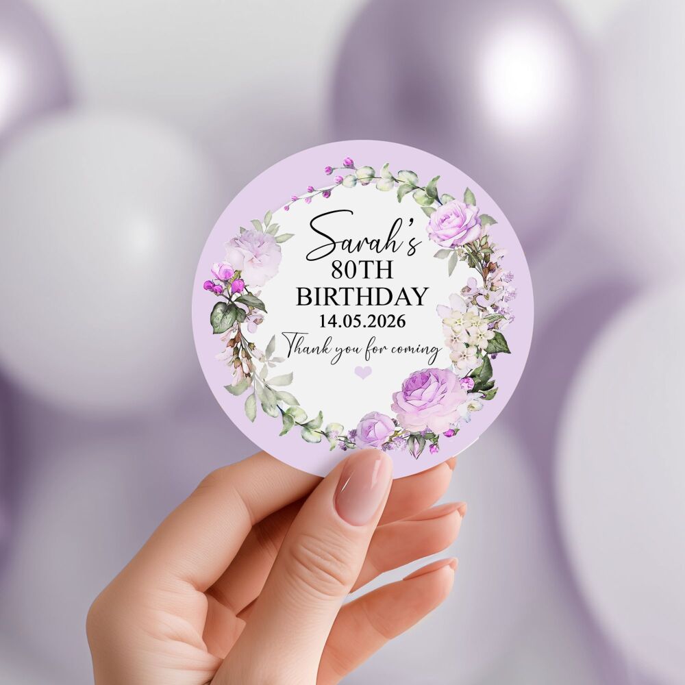 Personalised Stickers Adult Birthday Lilac Vintage Flowers