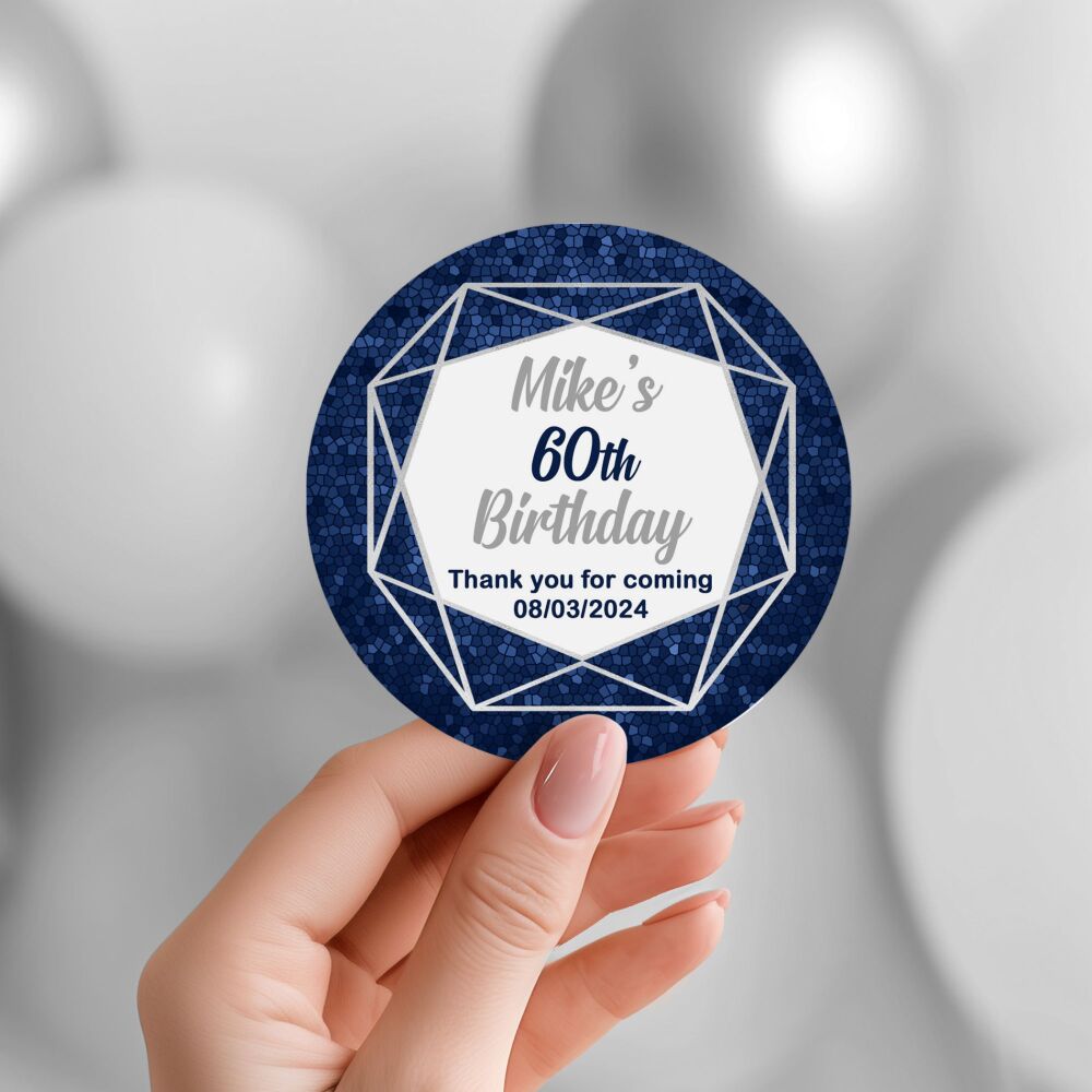 Personalised Stickers Adult Birthday Navy And Silver Geometric Frame