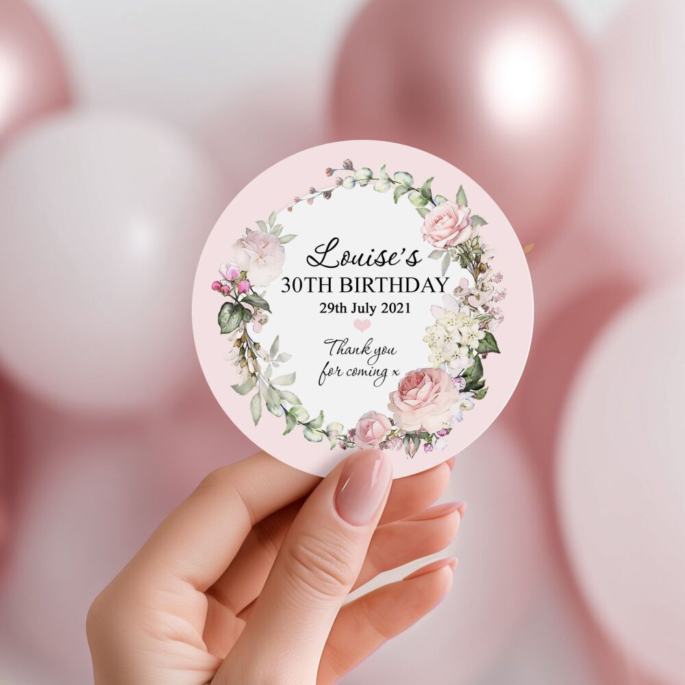 Personalised Stickers Adult Birthday Pink Vintage Roses Wreath