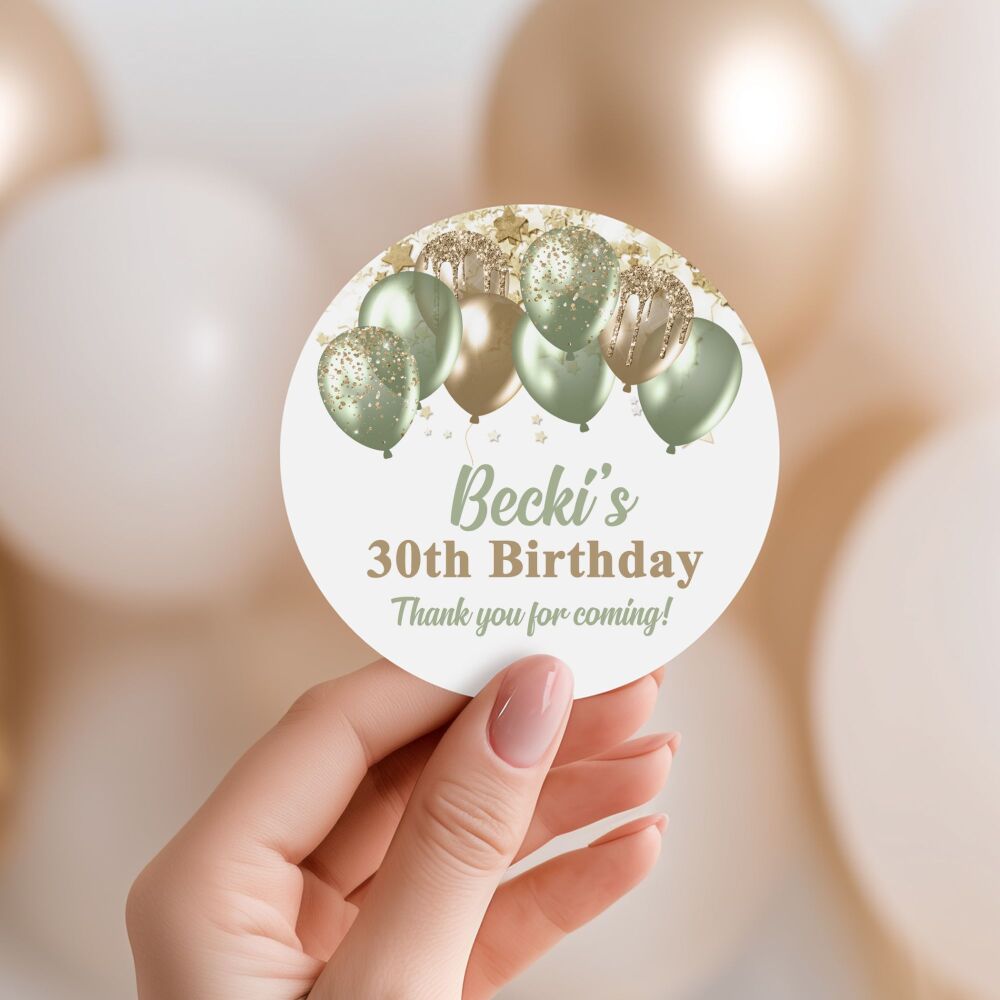 Personalised Stickers Adult Birthday Sage Green And Gold Balloons